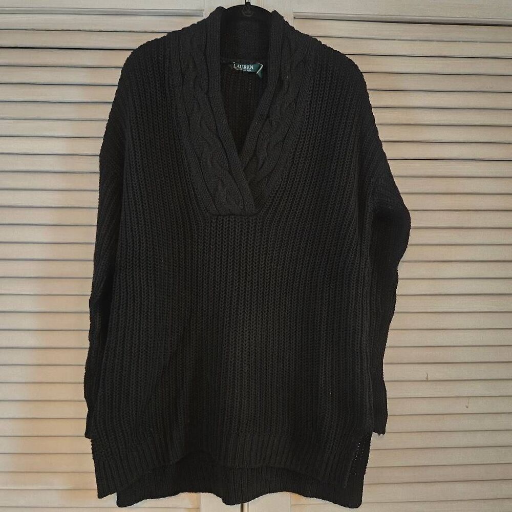 Lauren Ralph Lauren Black Sweater Shaker & Cable Knit VNeck Medium